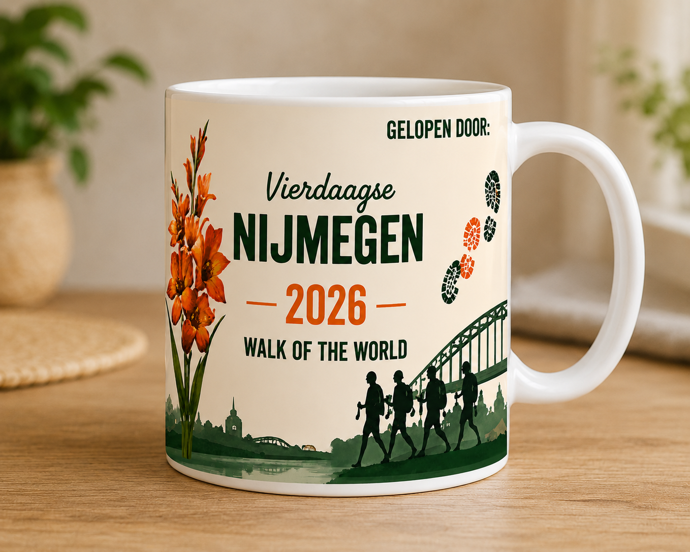 Gelopen door [naam] – Vierdaagse Nijmegen 2026 mok met naam