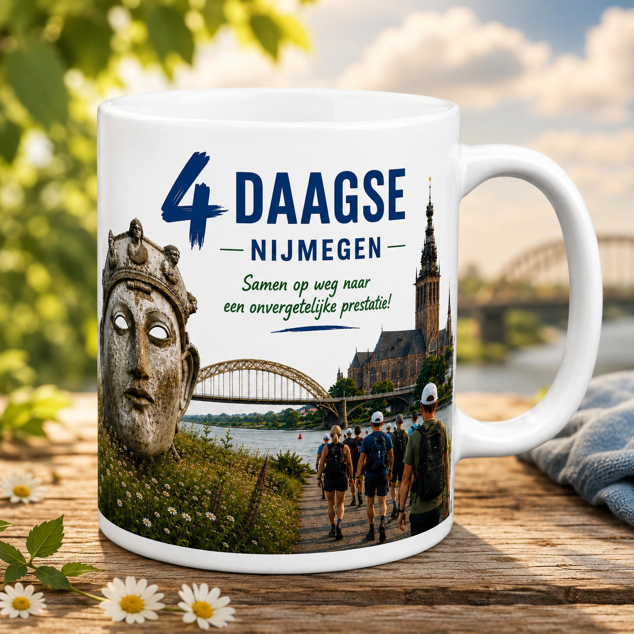 Titel 4 daagse Nijmegen mok – Waalbrug, Stevenskerk en masker