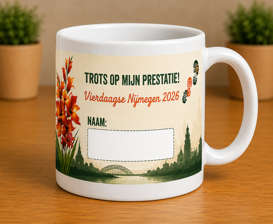 Trots op mijn prestatie mok met naam – Vierdaagse Nijmegen 2026