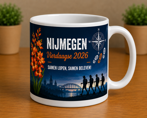 Vierdaagse Nijmegen 2026 nachtelijke wandeling mok – Samen lopen samen beleven